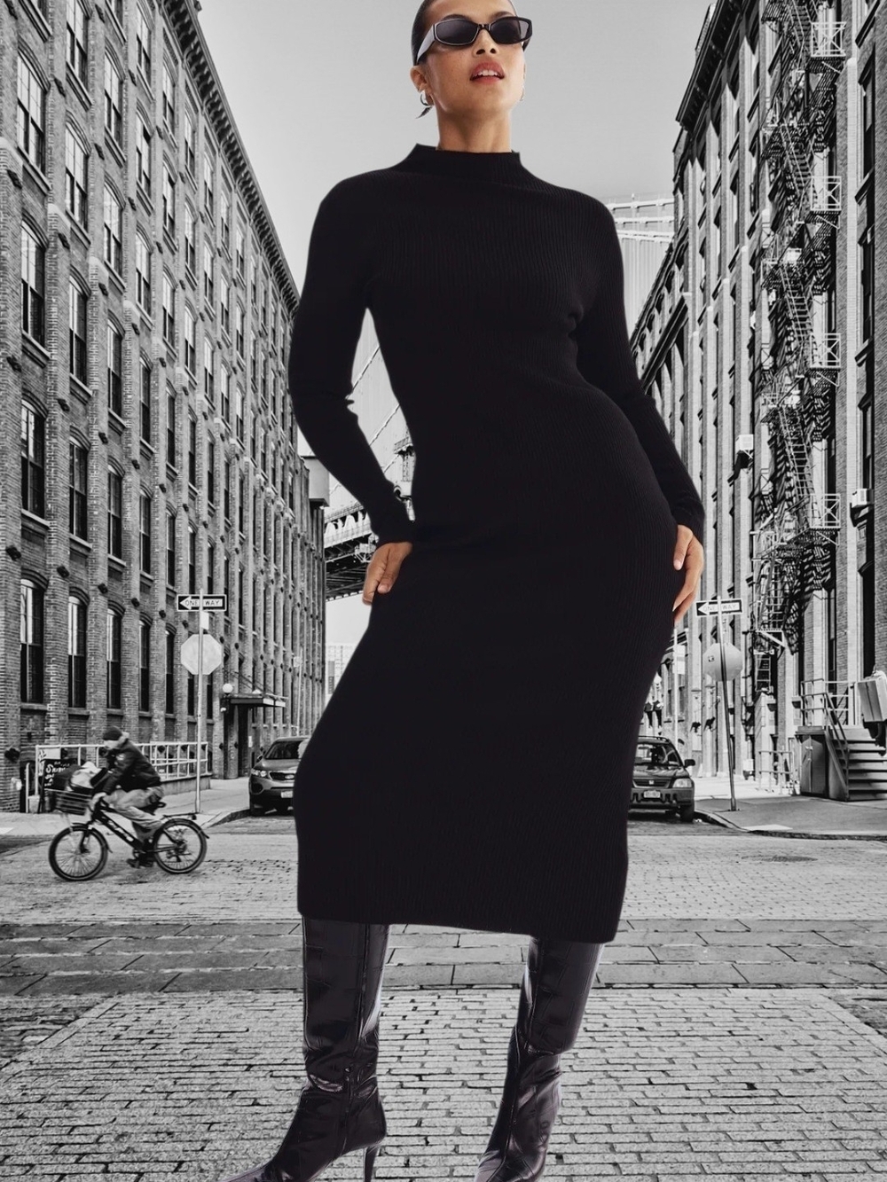 Black Ribbed Long-Sleeve Midi Dress with Mock Neck